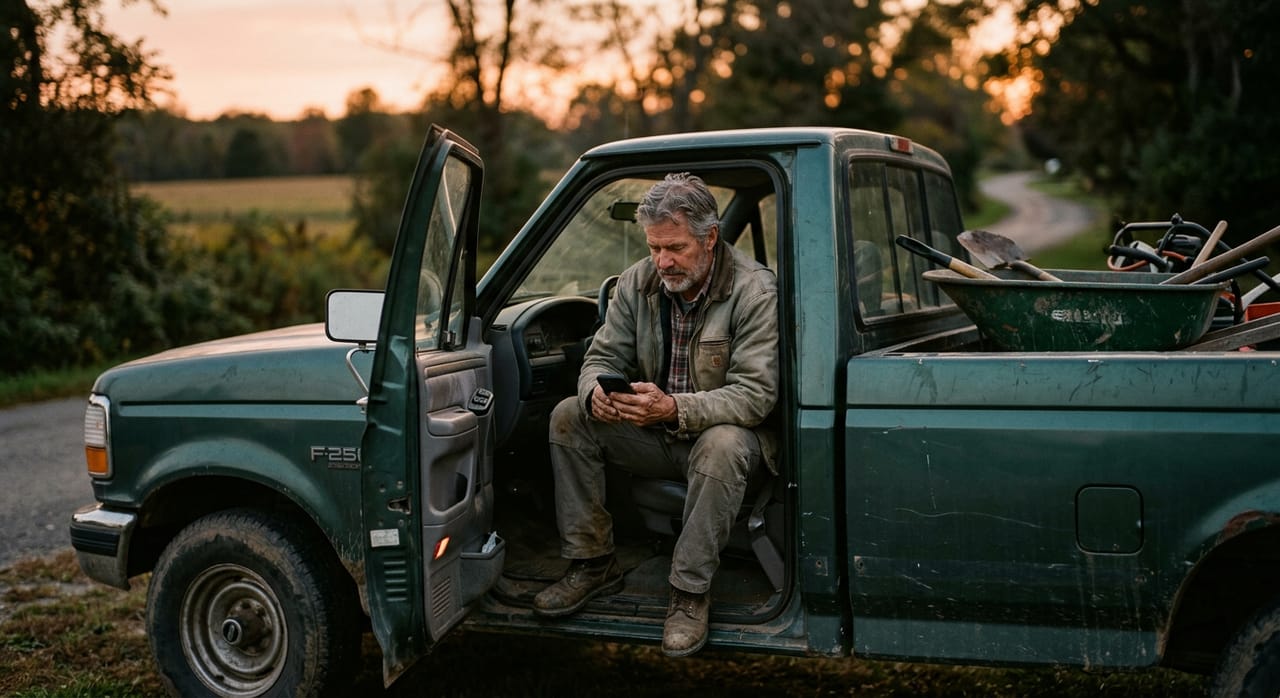 Generated illustration: A landscaper checking his phone in the door of his truck at dusk