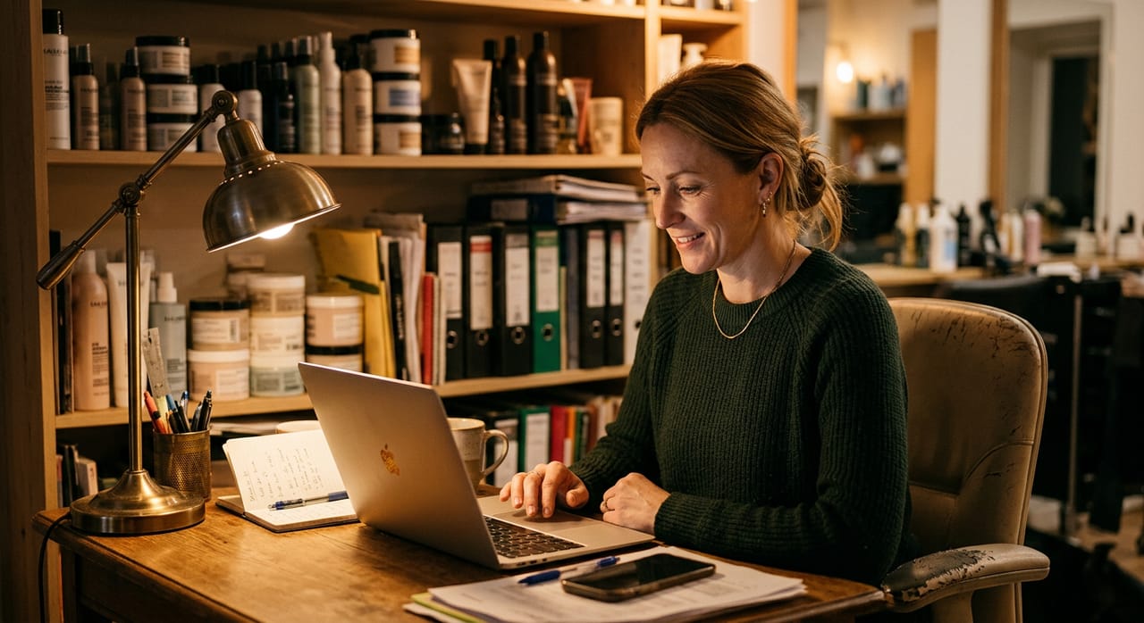 Generated illustration: A salon owner at her desk in the evening