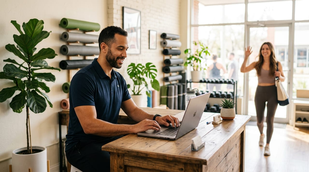 Generated illustration: A fitness studio owner at the front desk with a laptop
