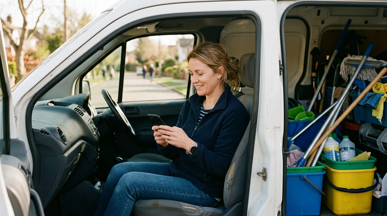 Generated illustration: A cleaning-company owner reading a message in her van