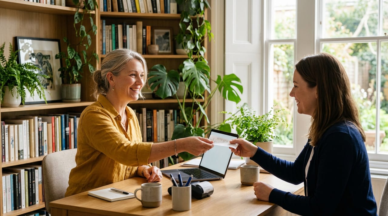 Generated illustration: An office owner at a desk, handing over a payment to a customer