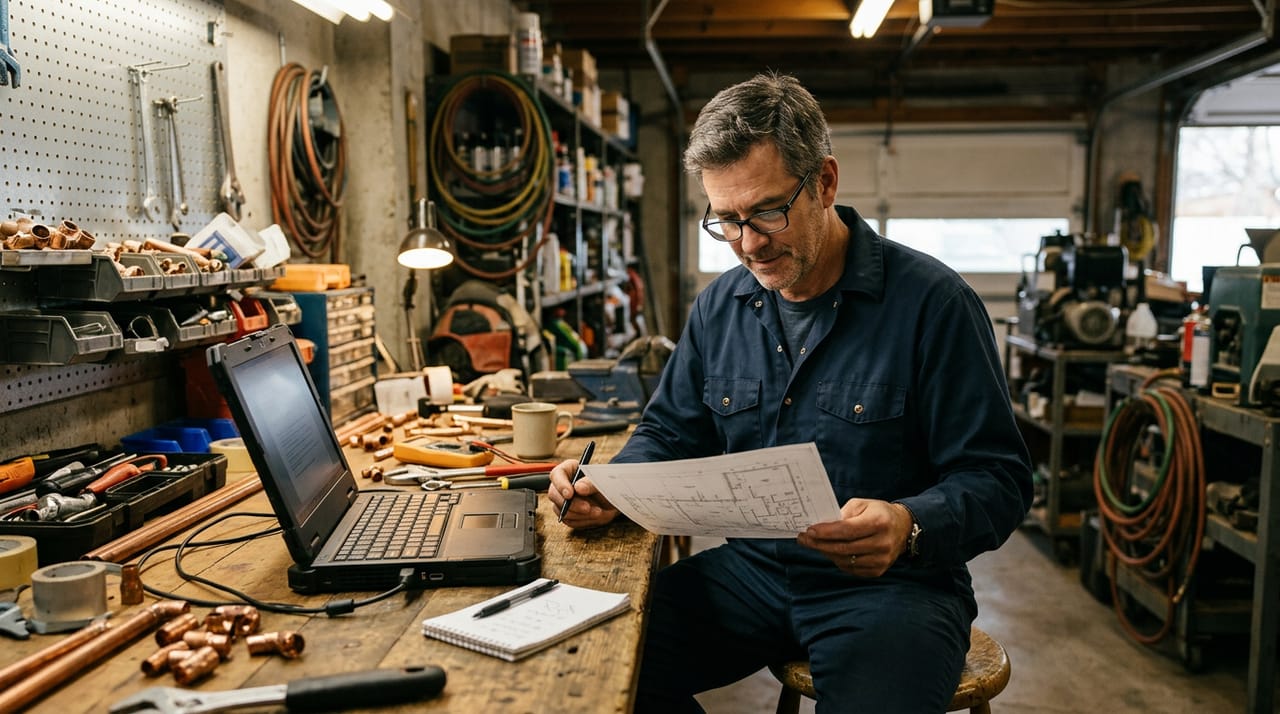 Generated illustration: A man reading a plan at a workbench with a laptop beside him
