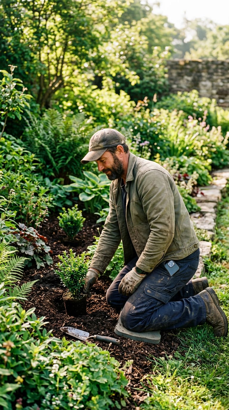 Generated illustration: A landscaper planting shrubs in a garden bed