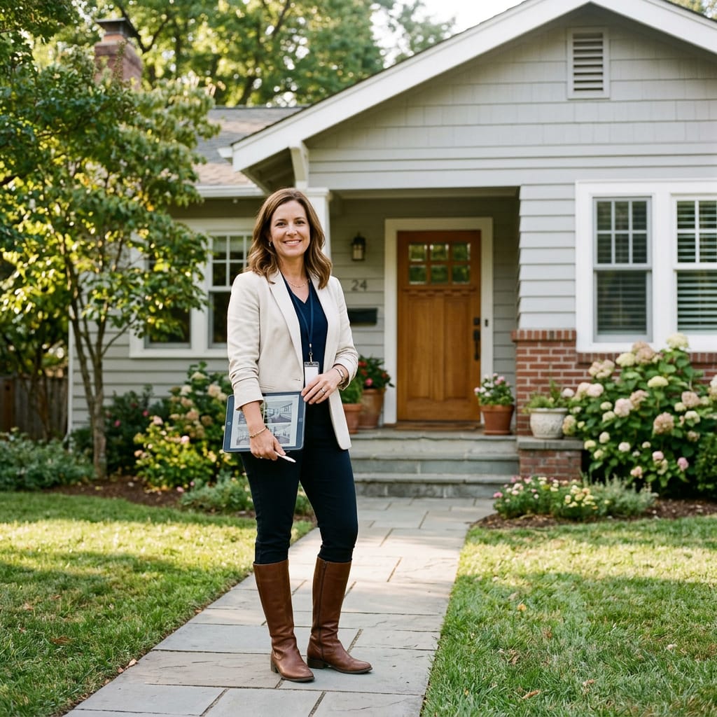 Generated illustration: A real-estate agent standing in front of a house with a tablet