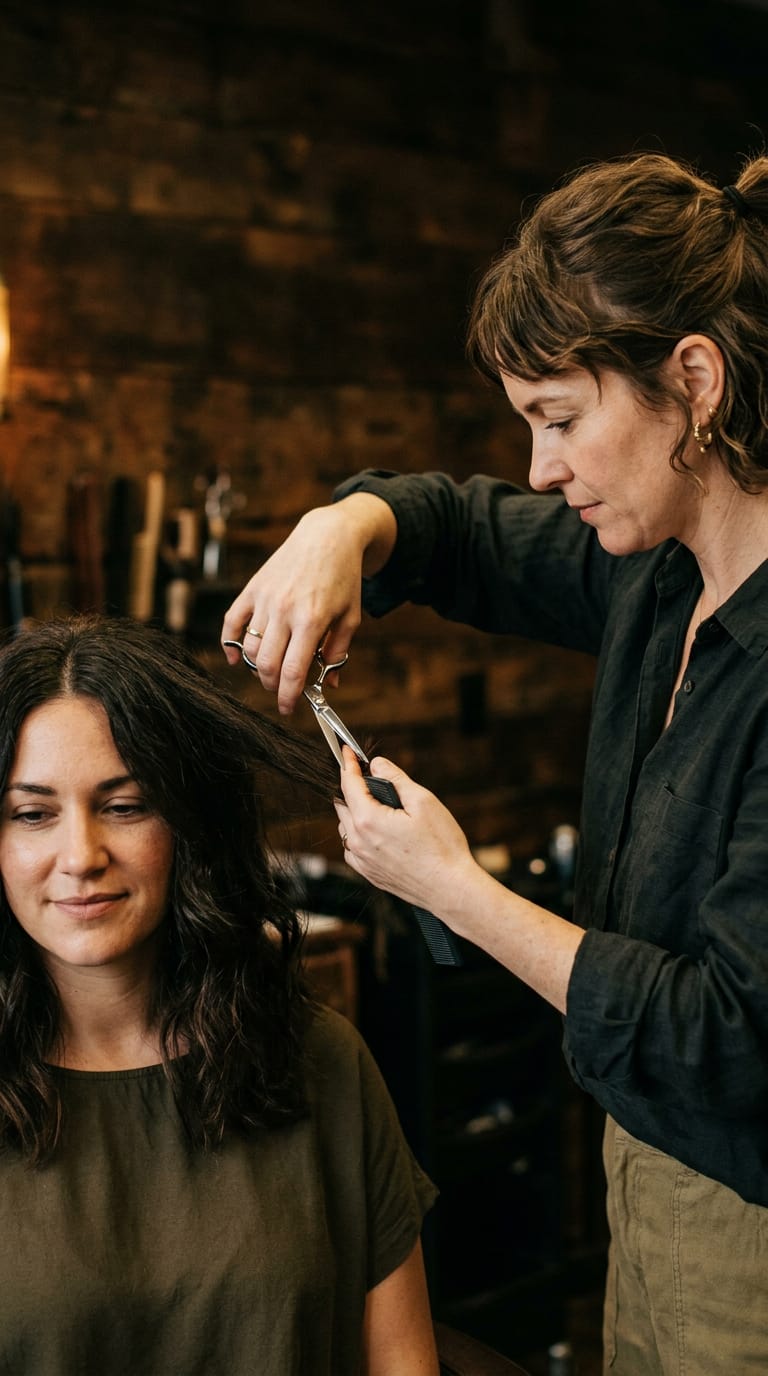 Generated illustration: A hair stylist trimming a client's hair